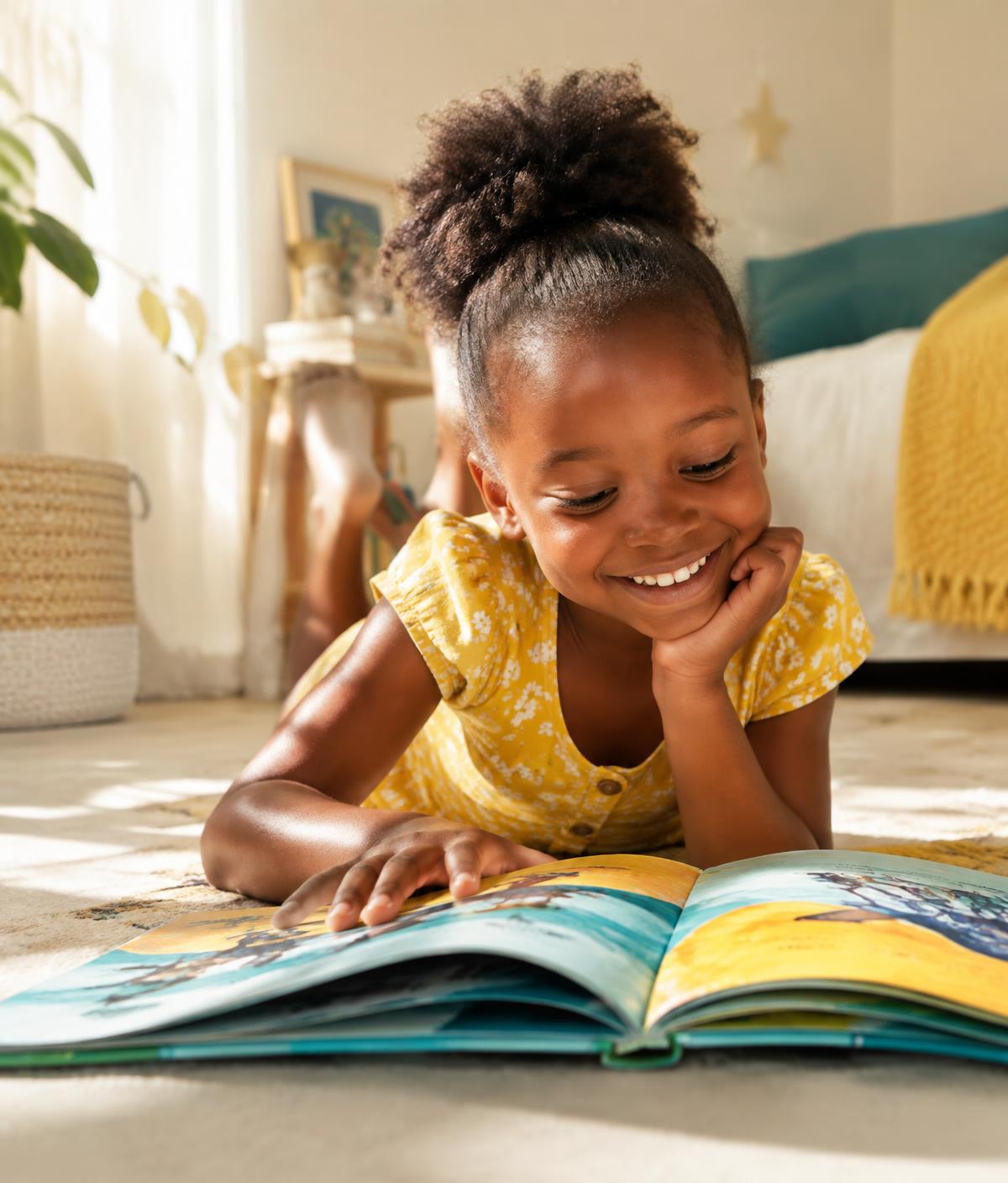 A young girl smiling as she reads a picture book on the floor