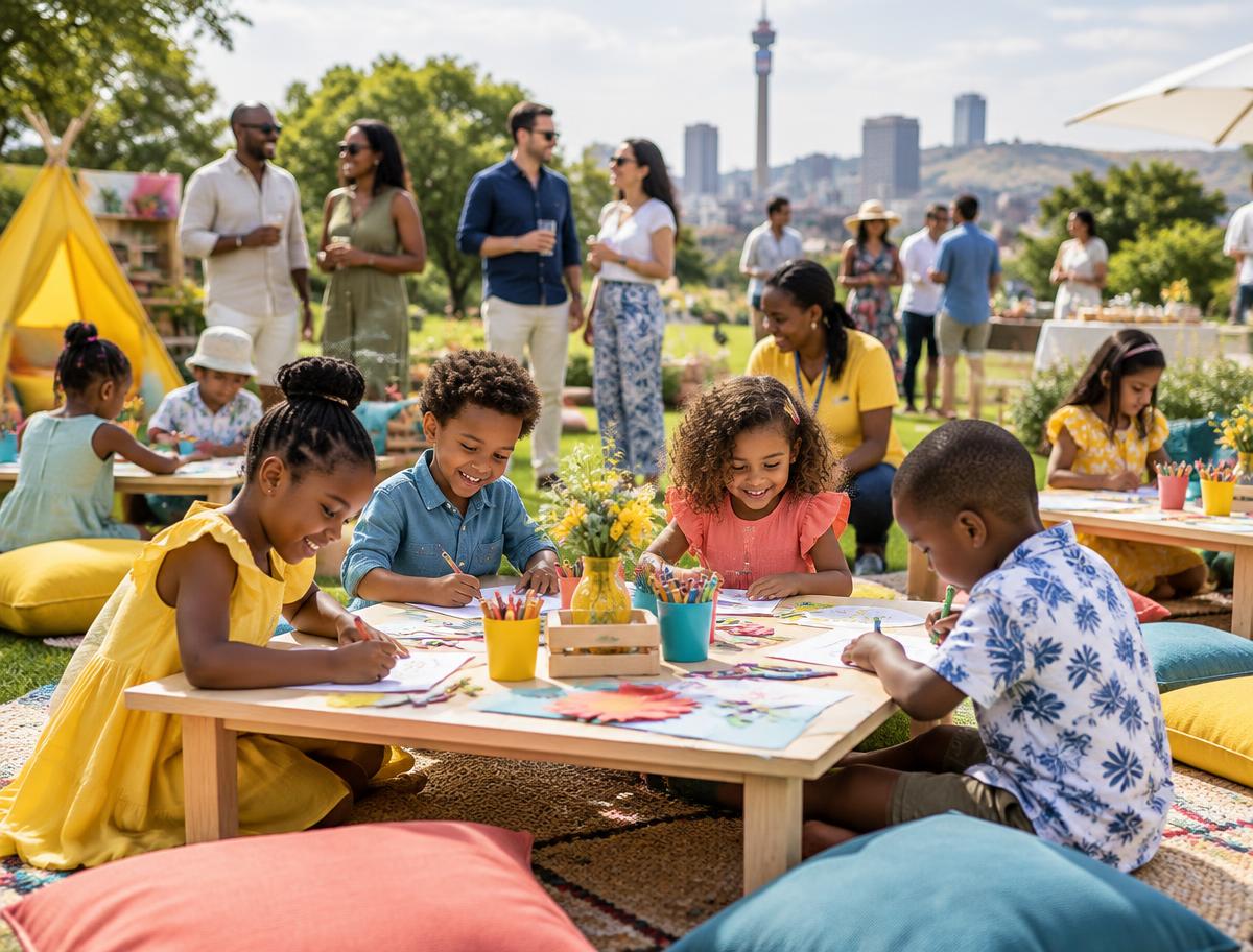 Children drawing at an activity corner during an outdoor corporate family day