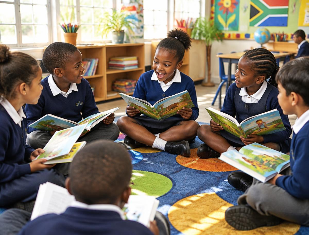 Learners sitting in a circle on a classroom carpet, reading picture books together