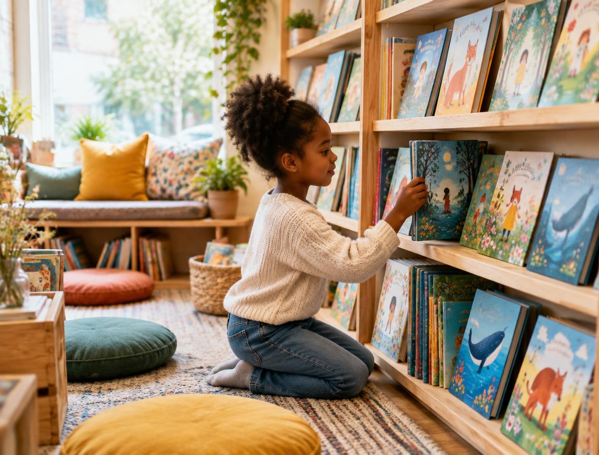 A young girl choosing a picture book from a children's bookshop shelf