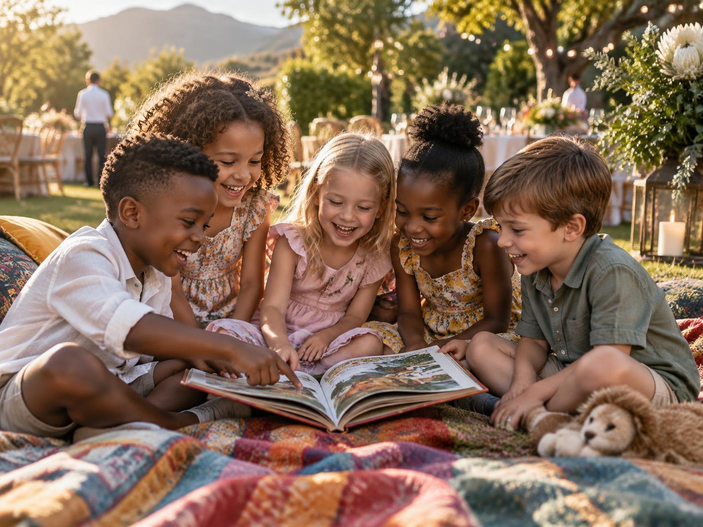Five children laughing together over a picture book on a blanket at a garden celebration