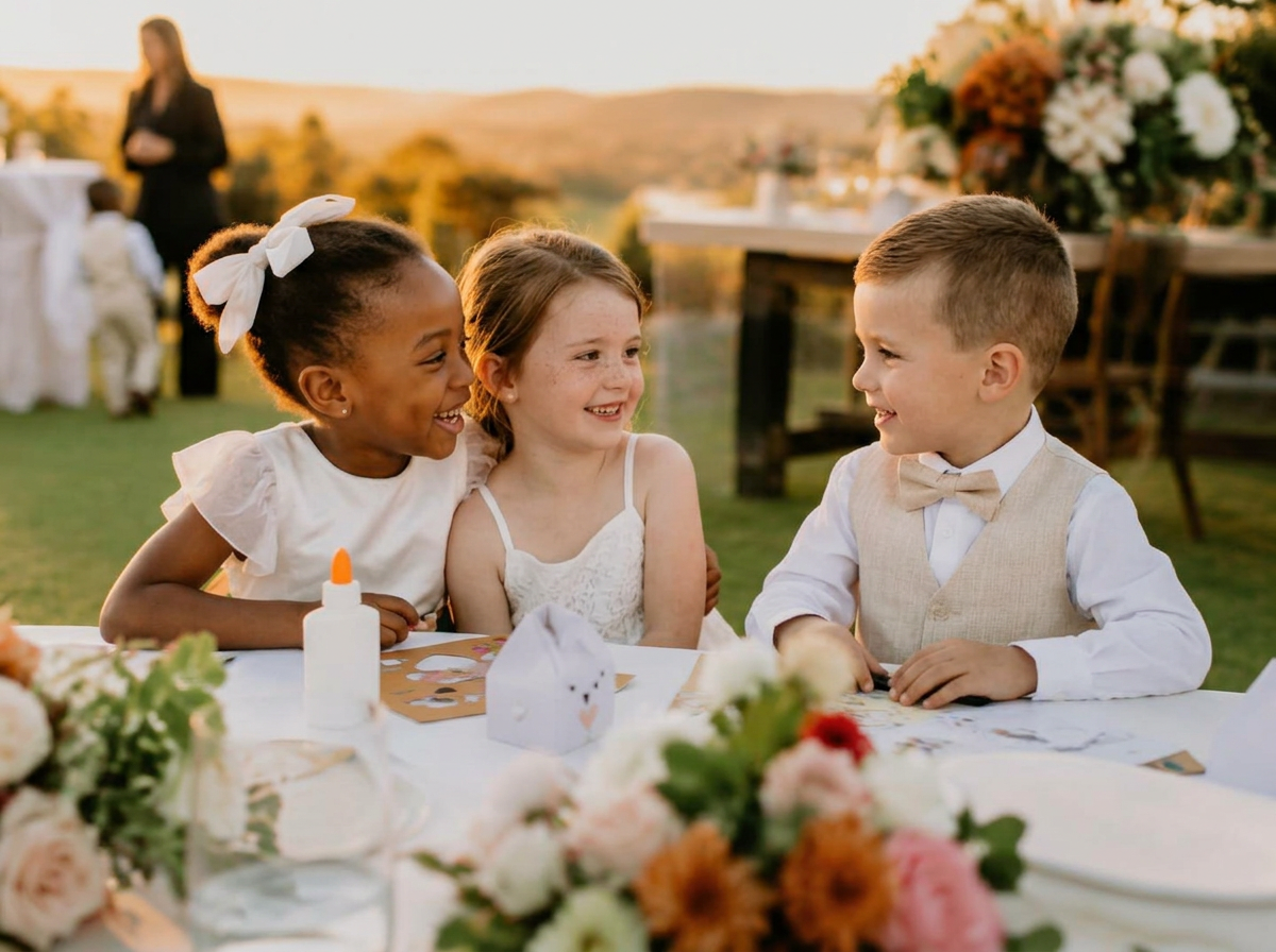 Two children laughing at a kids' craft table at a wedding